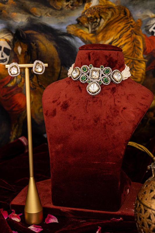Emerald Elegance Kundan Choker & Stud Set